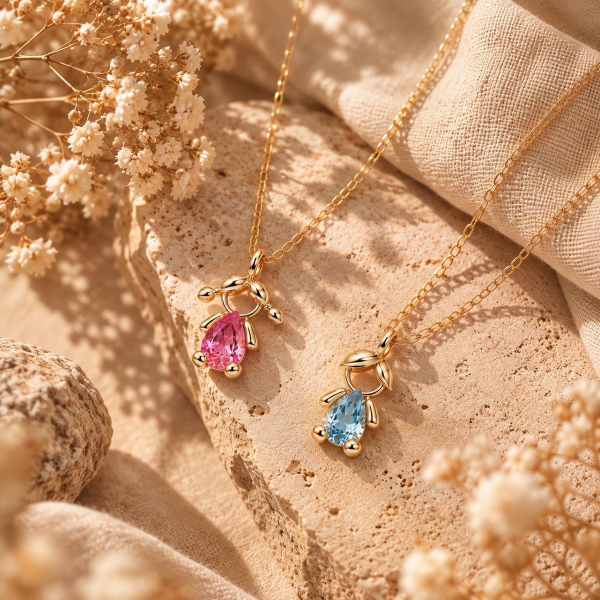 Collares Nina y Nino de oro de primera ley con topacio rosa y azul | Mua Mua Jewels